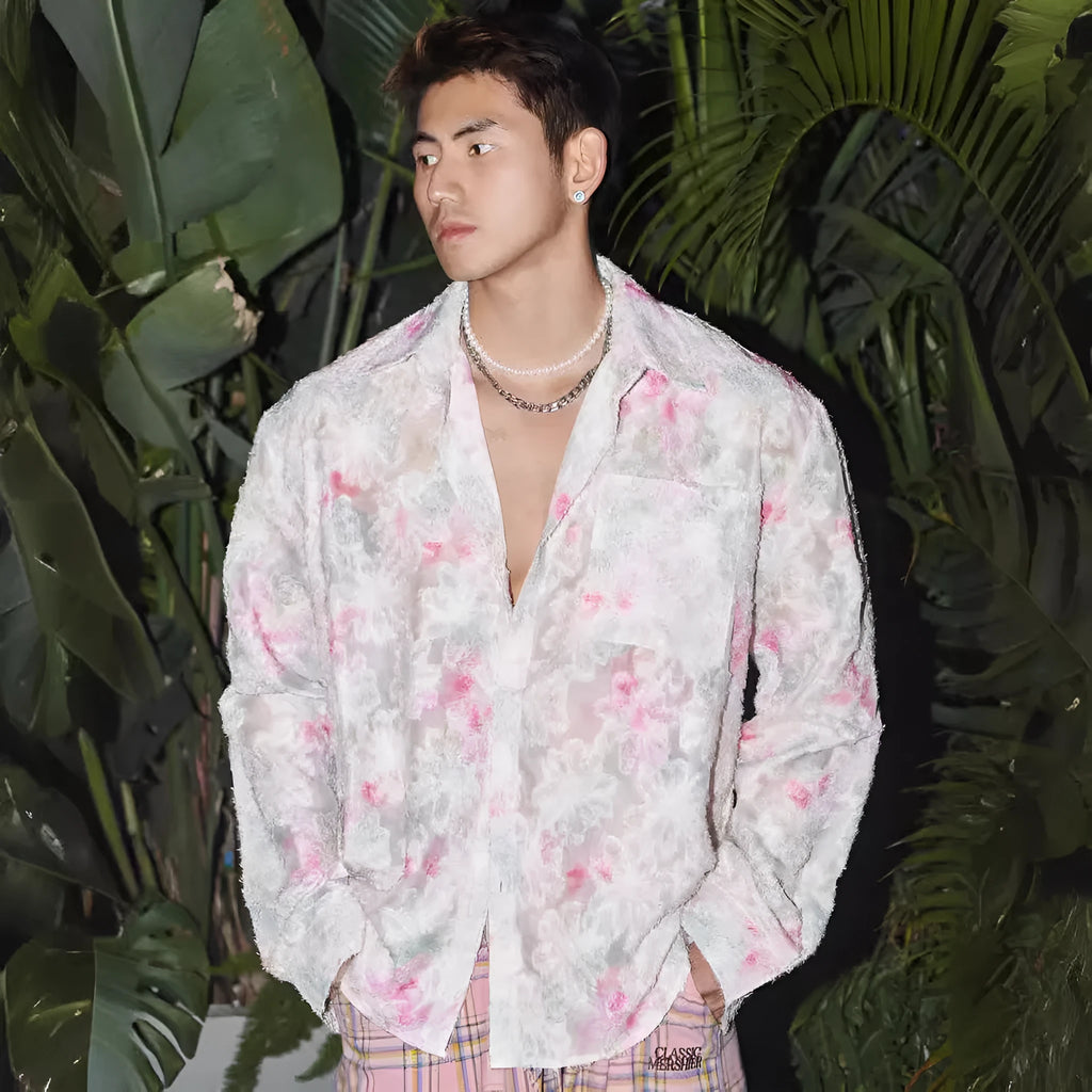 Long sleeve floral shirt with embossed three-dimensional pattern in polyester blend fabric