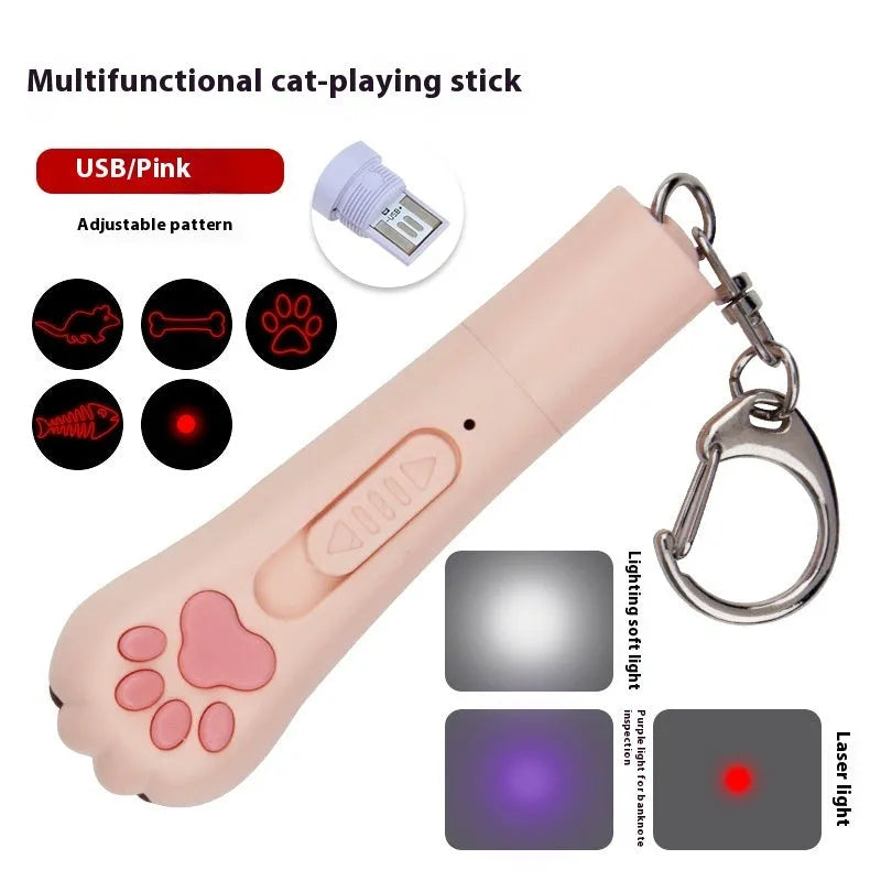 Infrared cat teasing wand with laser pointer and LED moonlight lamp showing pet footprints design