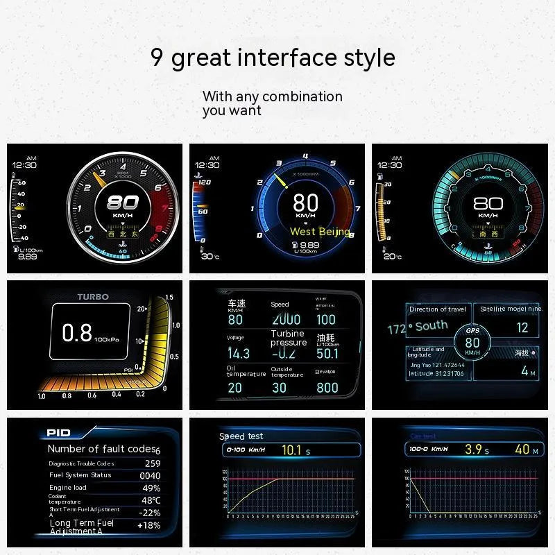 OBDII vehicle monitoring computer with TFT display screen and installation accessories
