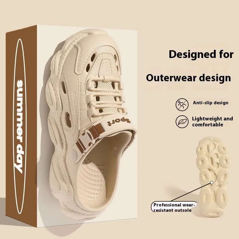 Men's khaki outdoor slippers with EVA sole and hollow out breathable design