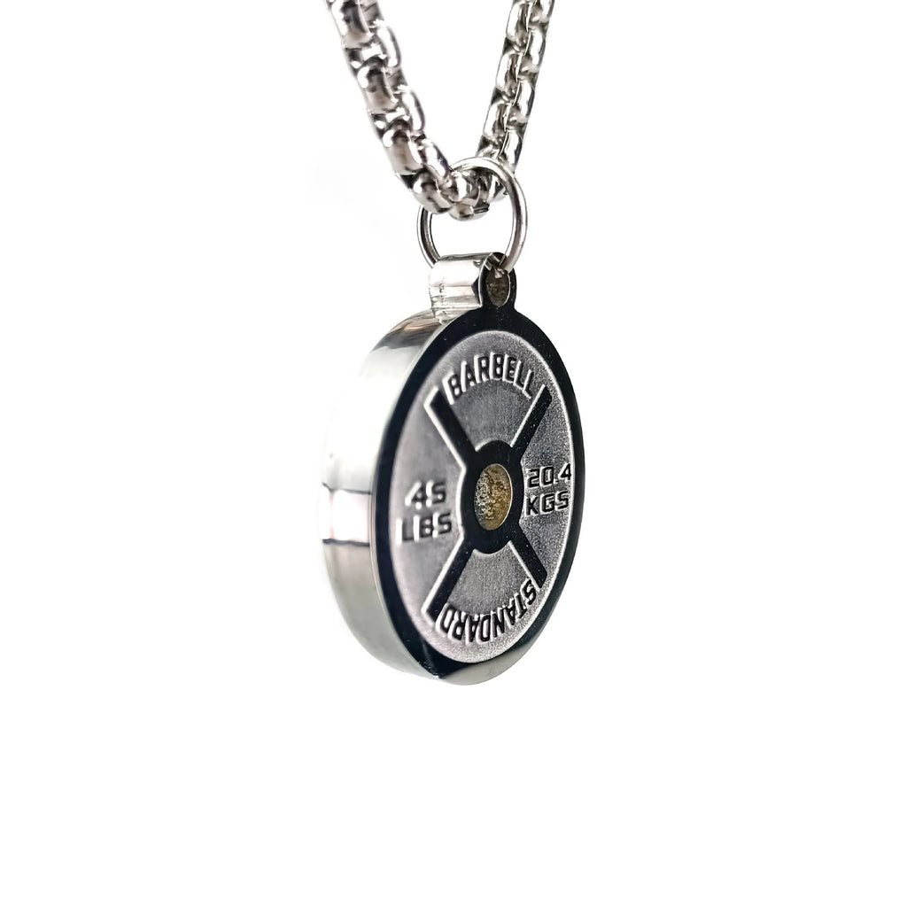 Stainless steel barbell disc pendant necklace with geometric sports design