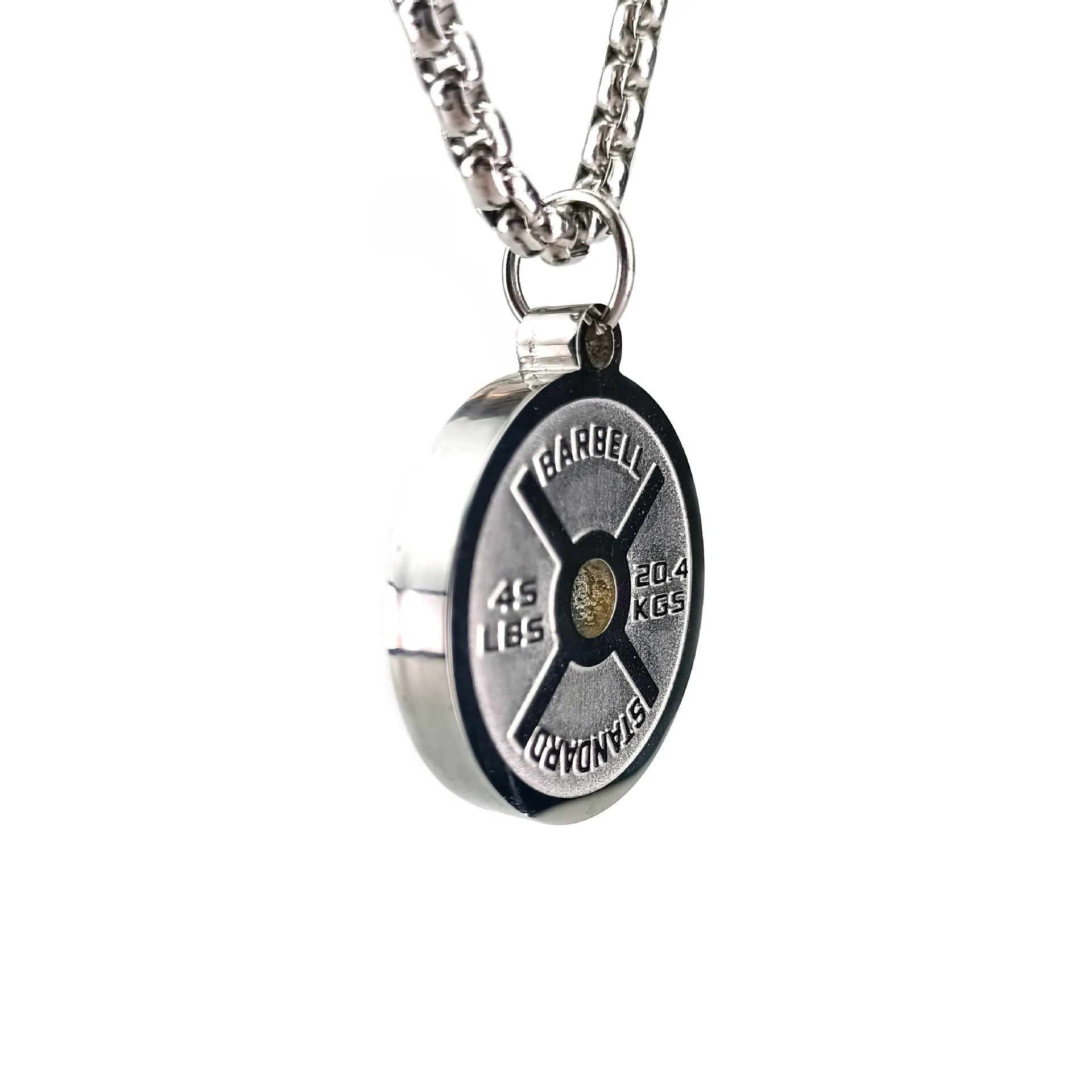 Stainless steel barbell disc pendant necklace with geometric sports design