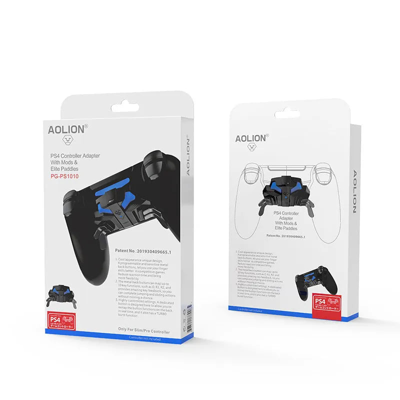Black PS4 controller back button accessory with a long cable and 3.5mm audio port.