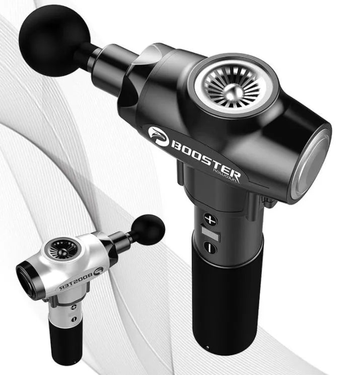 Black and white deep tissue massage gun with adjustable speed settings on display.