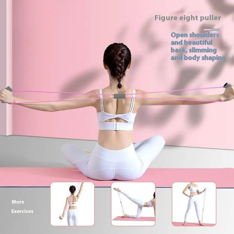 Yoga four piece fitness set showing leg stretcher, pedal puller, yoga ring, and tension rope.