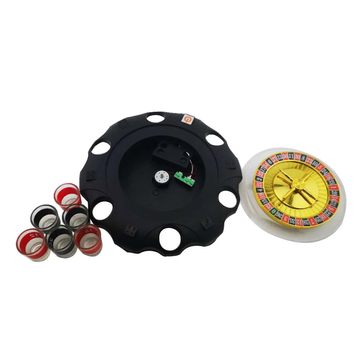 Electric Russian lucky wheel roulette wine set with spinning turntable, six glass shot glasses, and two steel balls on a table