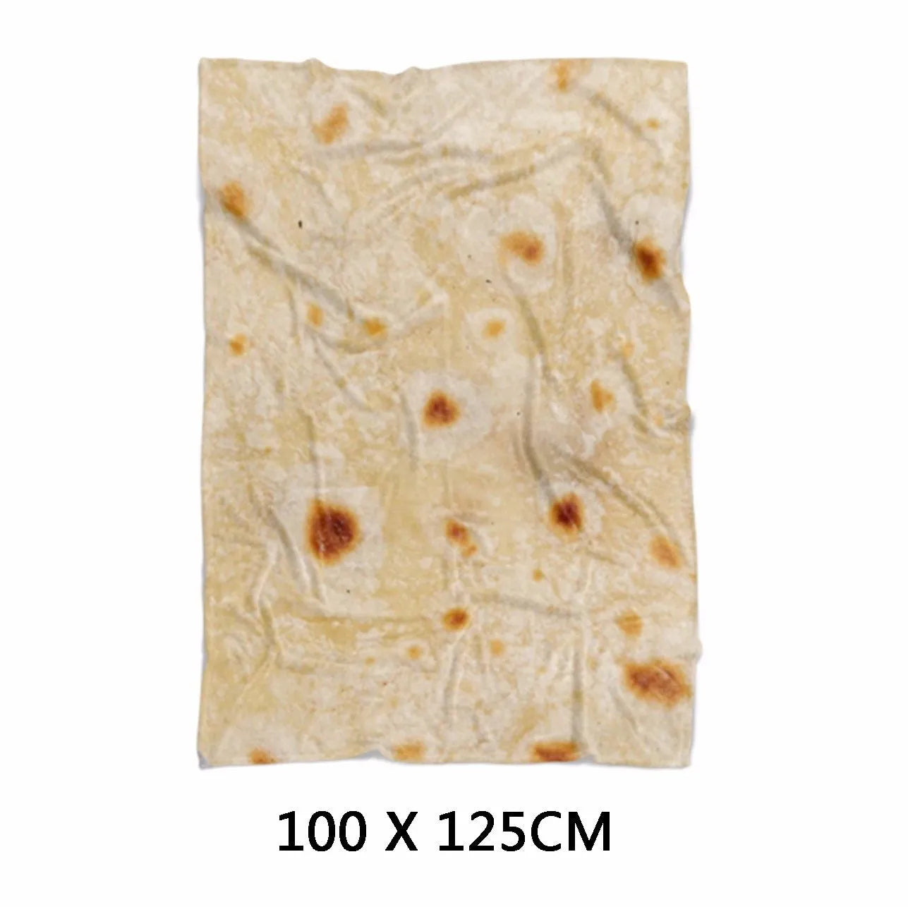 Round and rectangular flannel burrito blankets in various sizes with food-themed print.