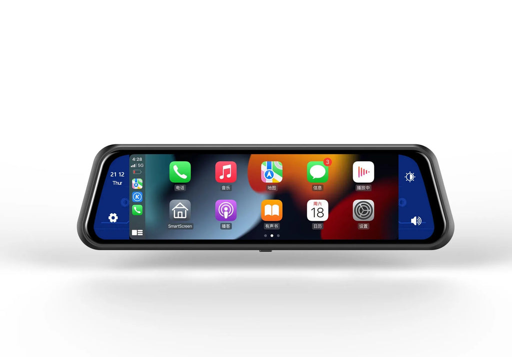 Dual-lens car dash cam with 9.66 inch touch screen mounted behind rearview mirror