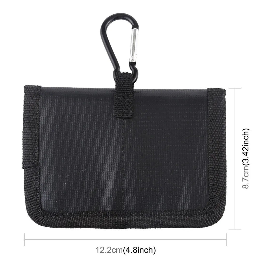 Black explosion-proof lithium battery storage bag with magic tape closure on a white background