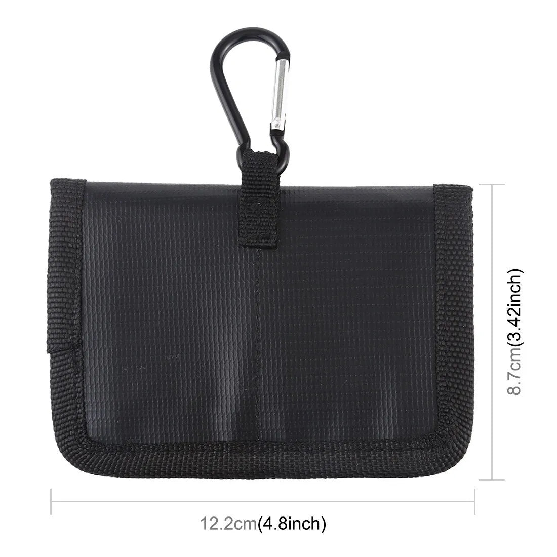 Black explosion-proof lithium battery storage bag with magic tape closure on a white background