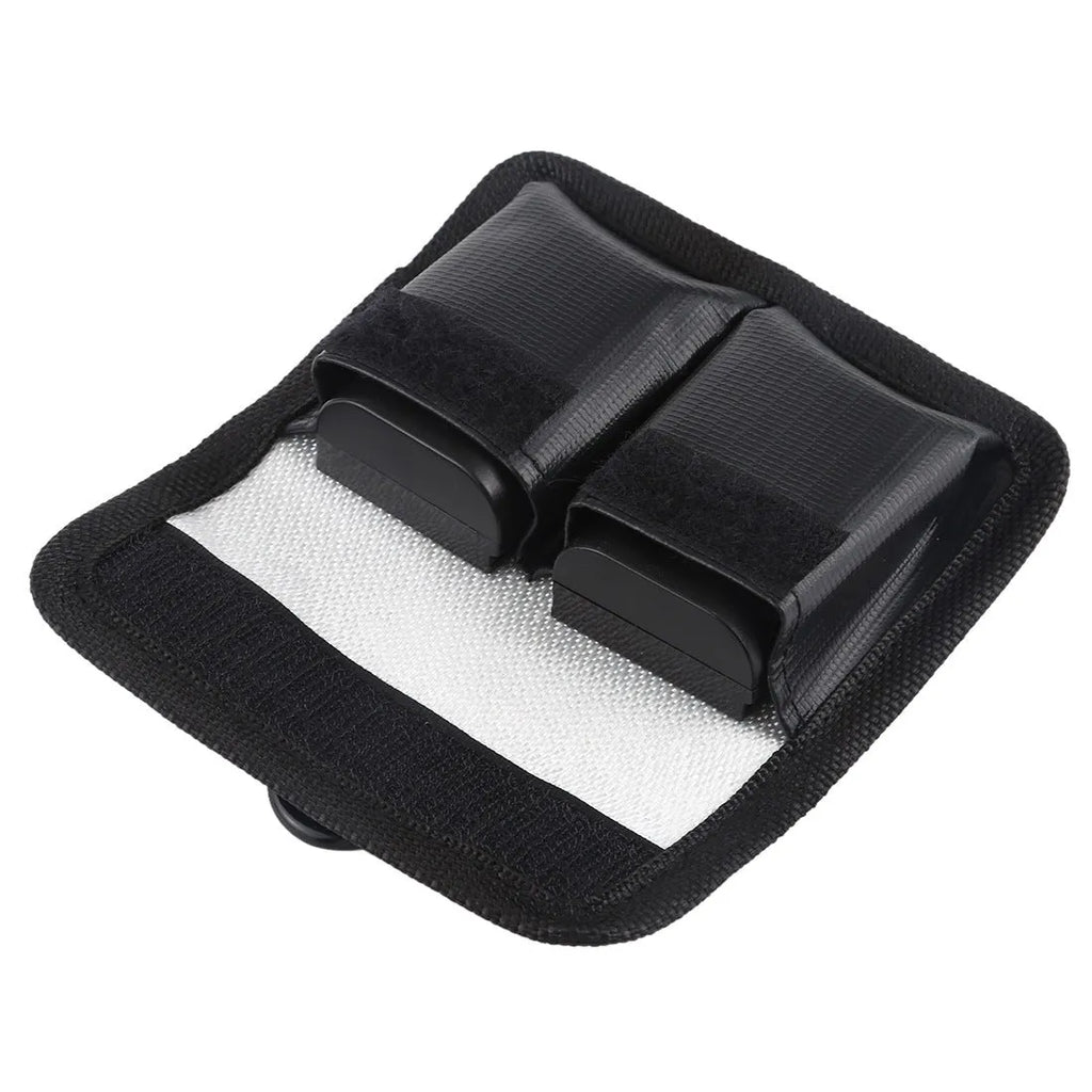 Black explosion-proof lithium battery storage bag with magic tape closure on a white background