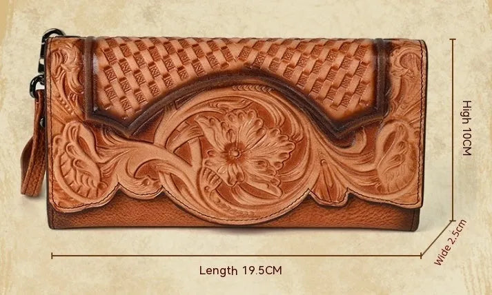 Chinese style brown leather tri-fold wallet with a floral embossed pattern, shown open to reveal compartments.