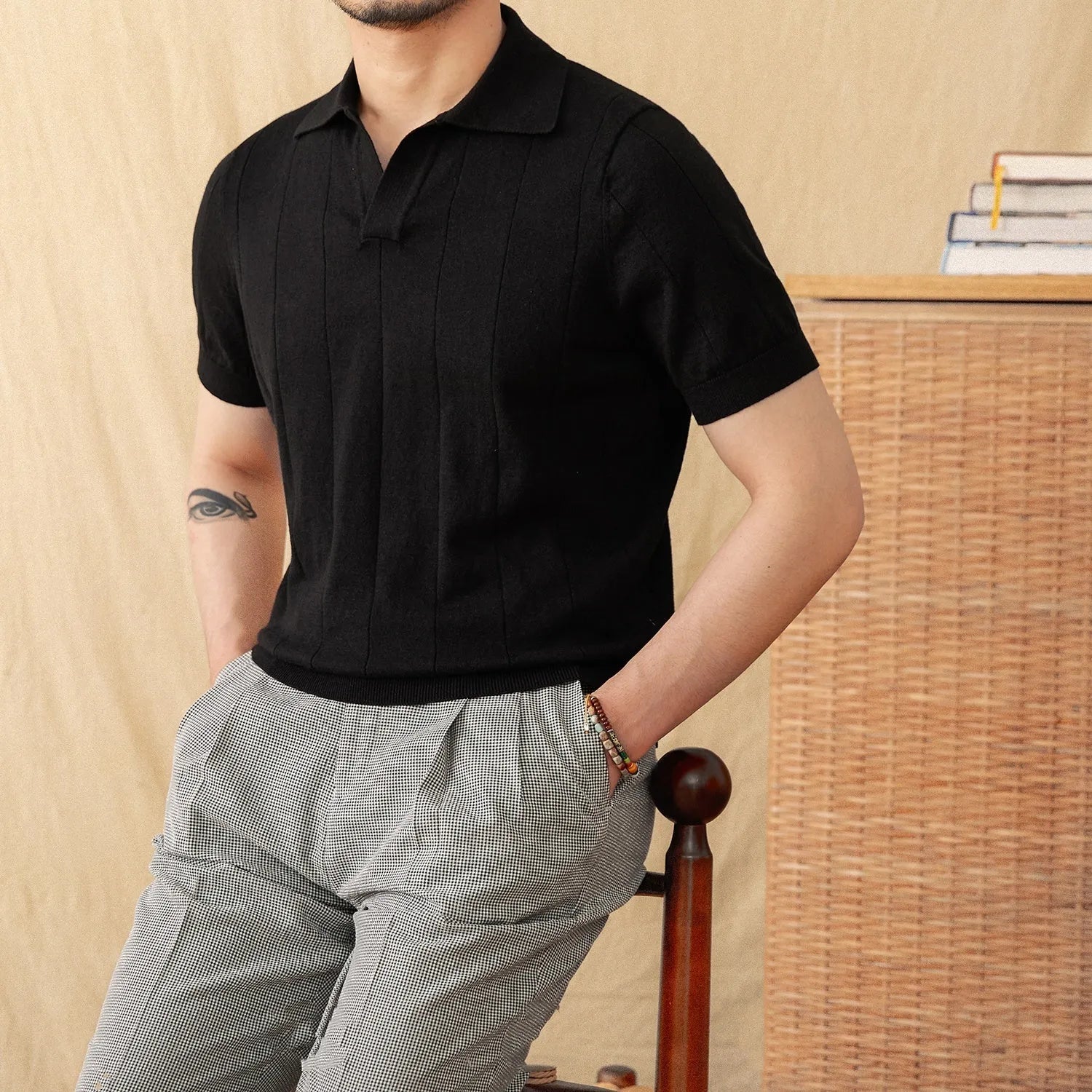 Purple cotton linen short sleeve polo shirt with sunken stripe knitted design and seagull collar