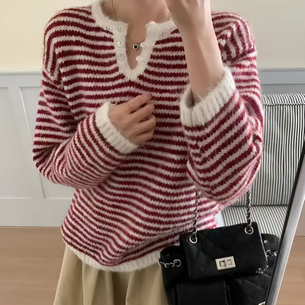 Women's striped cashmere sweater in red and blue colours with plaid pattern and loose fit