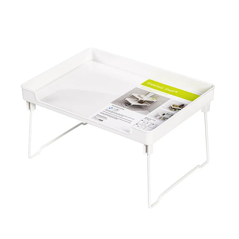 White and transparent plastic kitchen shelf organiser rack for countertop or cupboard storage