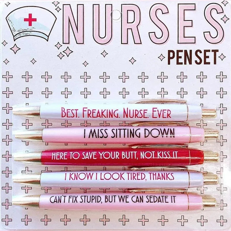 Set of five nurse-themed retractable ballpoint pens with medical designs showing plastic construction