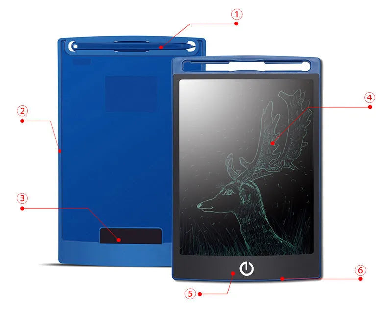 Black LCD writing tablet with ABS frame and blue-green display, 8.5 inch screen, side view showing slim profile