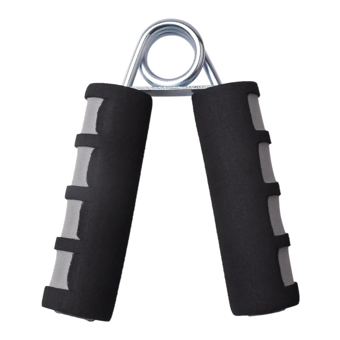 Hand training spring hand grip with black foam grip and steel springs on white background