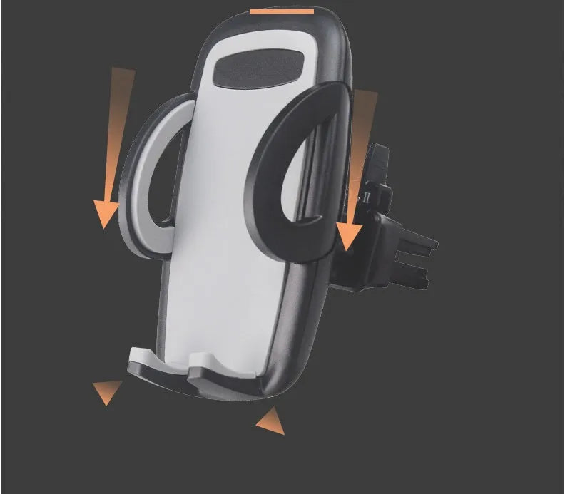 Black universal car air vent mobile phone holder mounted on a car vent, holding a smartphone.