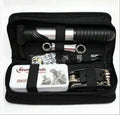 Black tool kit case containing 81-piece bicycle repair set with sockets, wrenches and mini pump
