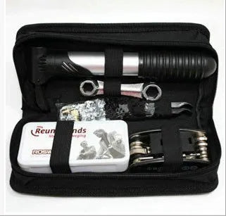 Black tool kit case containing 81-piece bicycle repair set with sockets, wrenches and mini pump