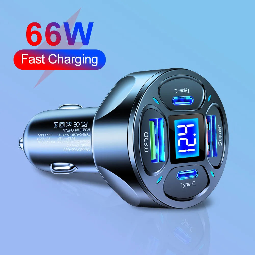 Black digital display car charger with two USB ports and two Type-C ports, showing voltage readout.