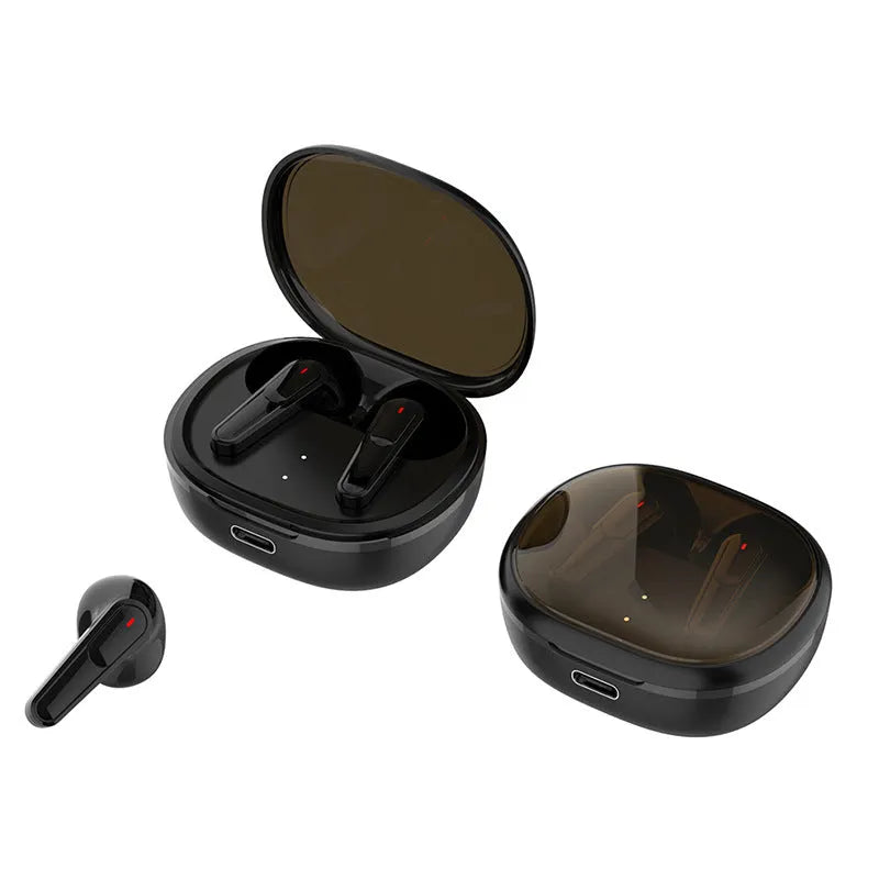Black in-ear Bluetooth headphones with noise reduction feature.