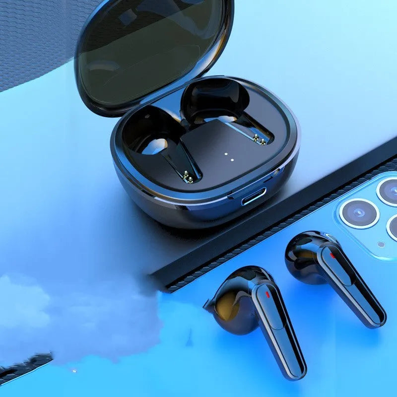 Black in-ear Bluetooth headphones with noise reduction feature.