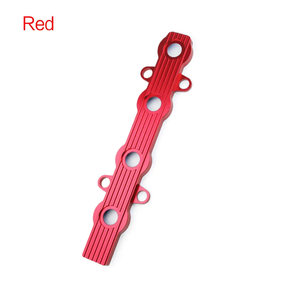 Aluminium alloy car engine harness holder bracket in blue, red, and silver, with and without mounting holes.