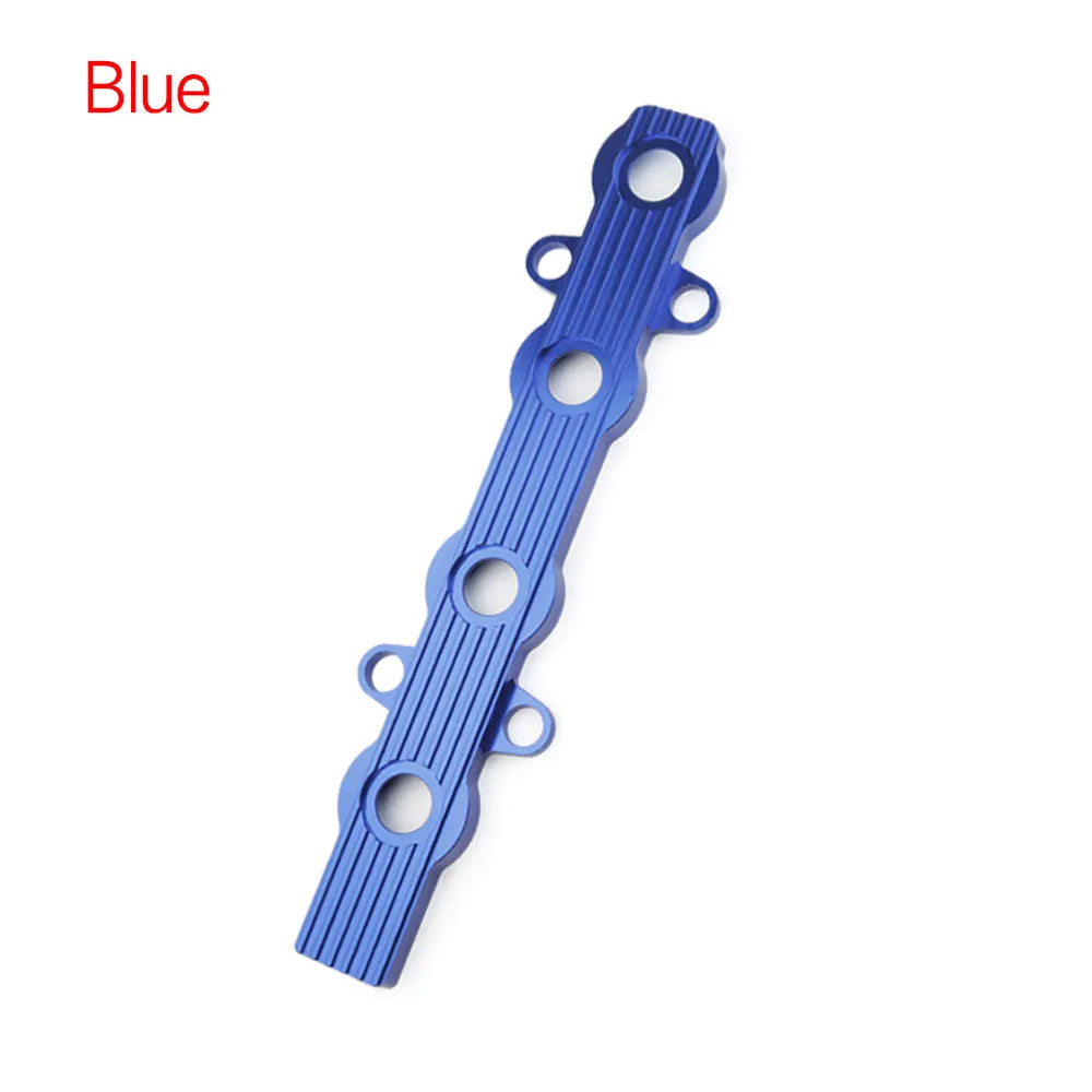 Aluminium alloy car engine harness holder bracket in blue, red, and silver, with and without mounting holes.