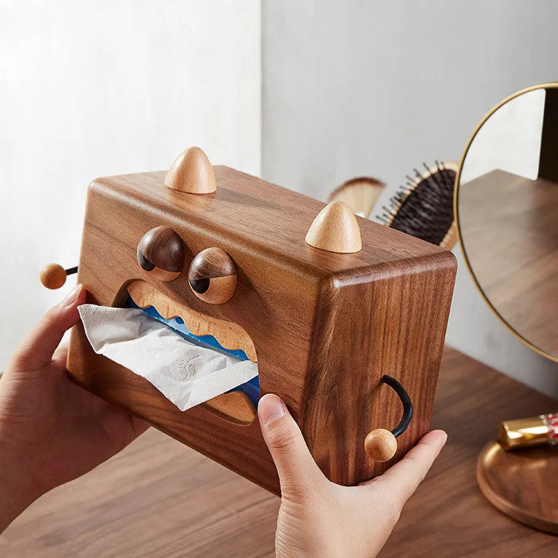 Little Monster cartoon design wooden tissue box with walnut beech finish