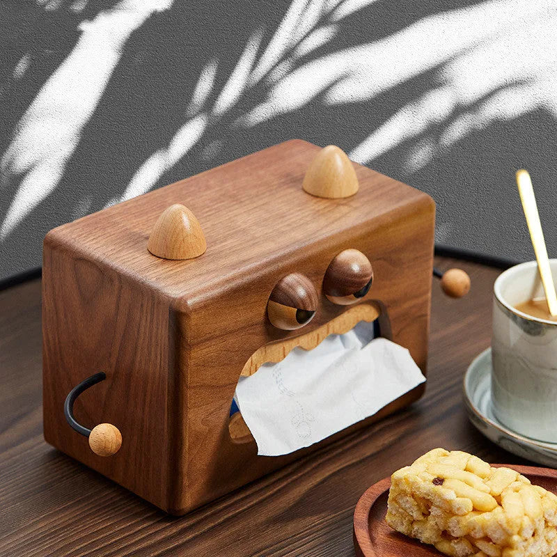 Little Monster cartoon design wooden tissue box with walnut beech finish