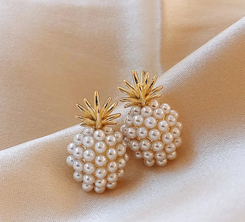 Korean-style fruit earrings for women in alloy with electroplated finish and inlaid artificial gems.