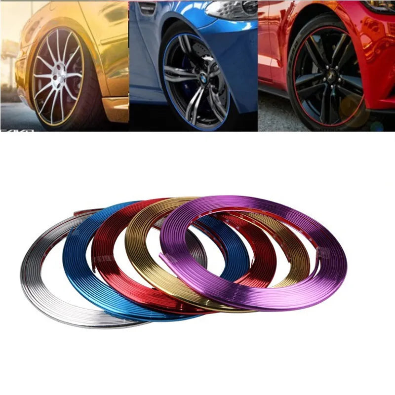 Roll of electroplated purple PVC wheel hub trim sticker, 8 metres long, for car decoration.