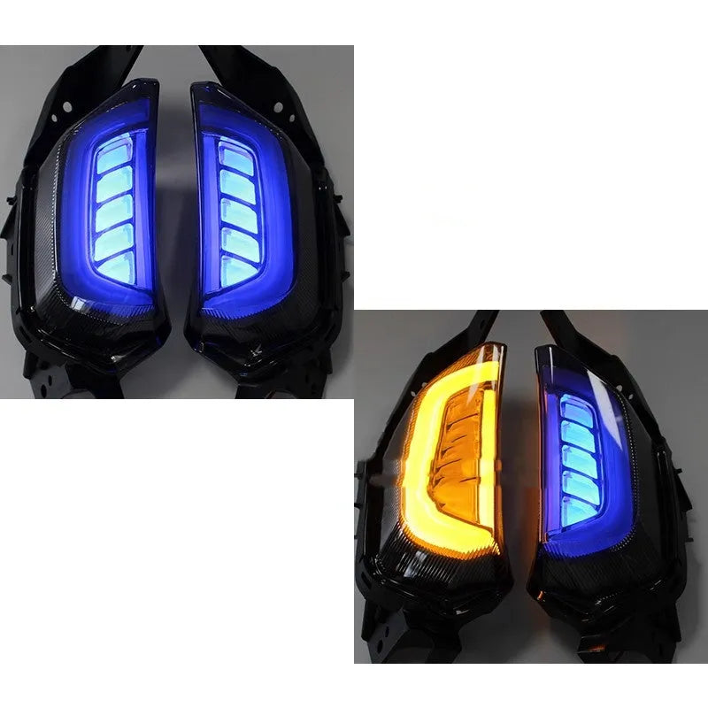 Pair of LED turn signal lights for Yamaha NMAX155 scooter in blue and yellow colour.
