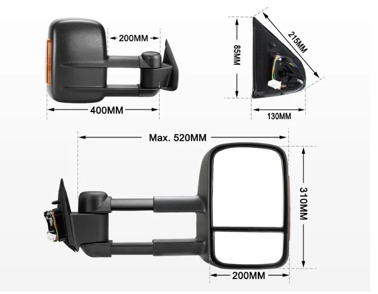 Black electric exterior rear view mirror with side light for Nissan NP300 D23 2015+ model.