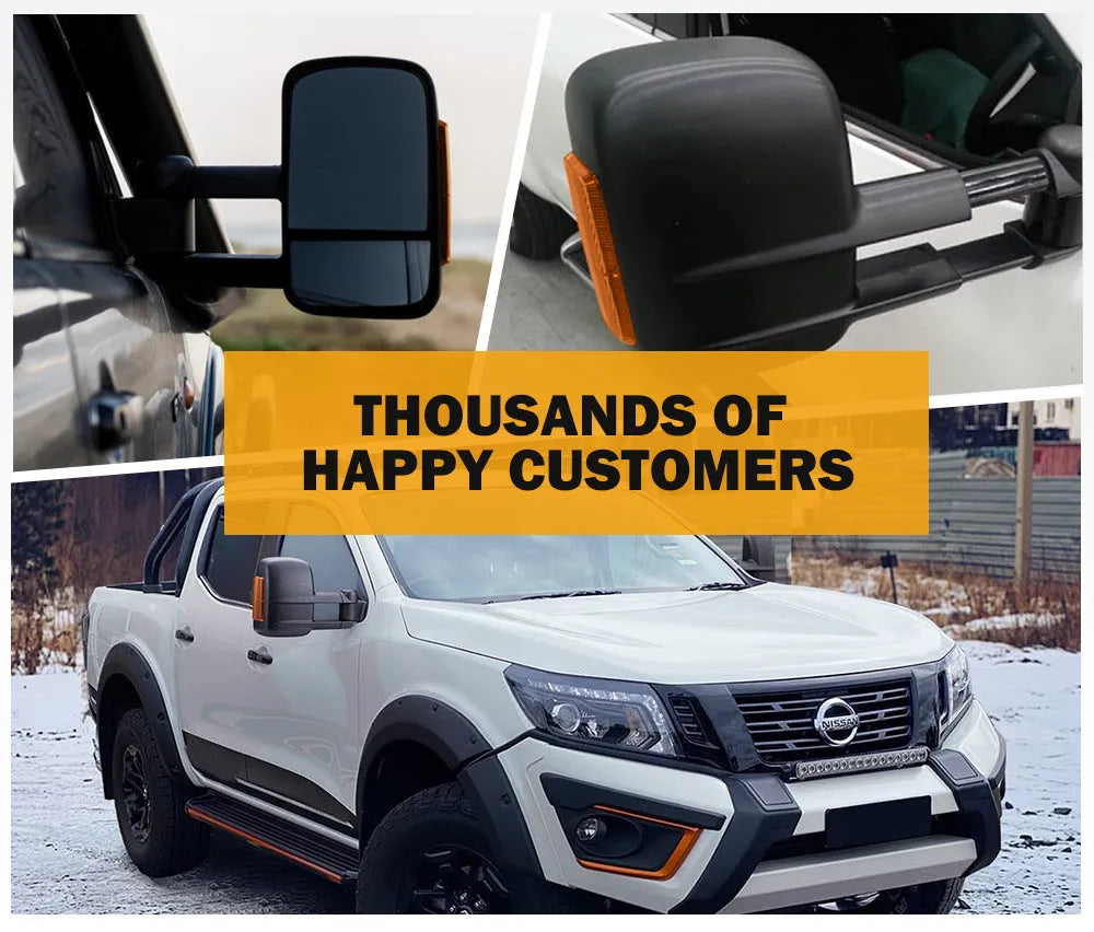 Black electric exterior rear view mirror with side light for Nissan NP300 D23 2015+ model.