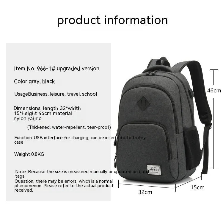 Lightweight nylon backpack with USB charging interface in various grey and black colour options