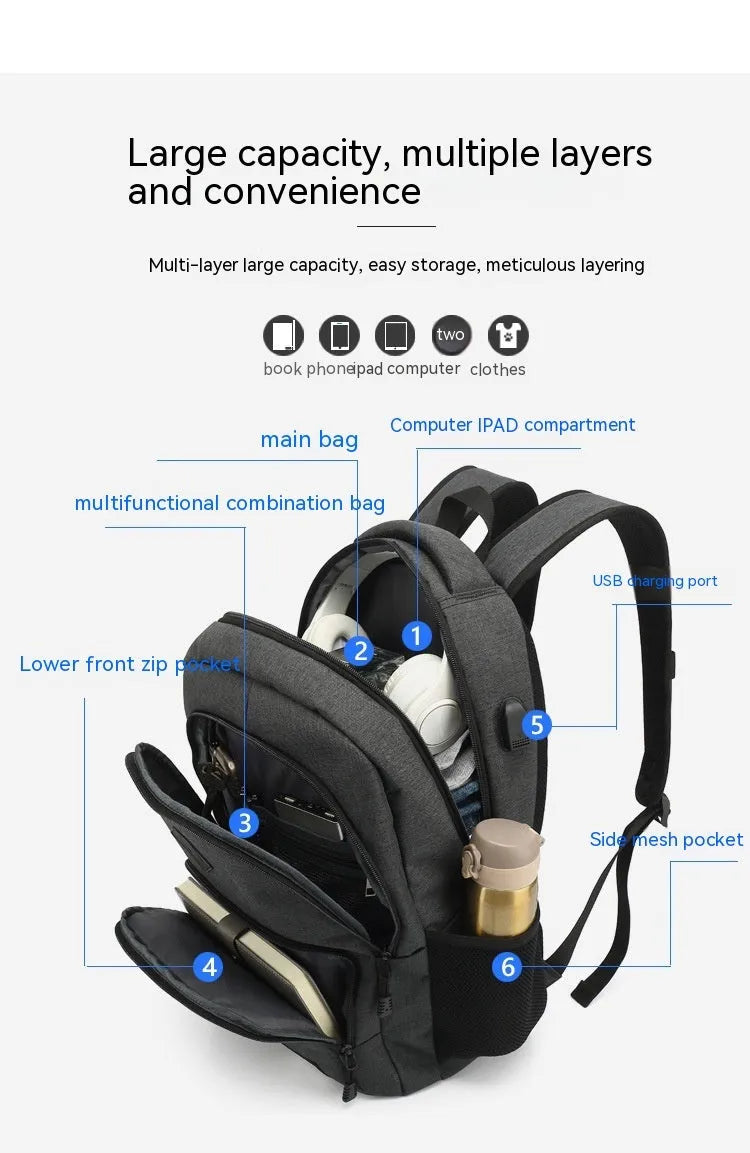 Lightweight nylon backpack with USB charging interface in various grey and black colour options