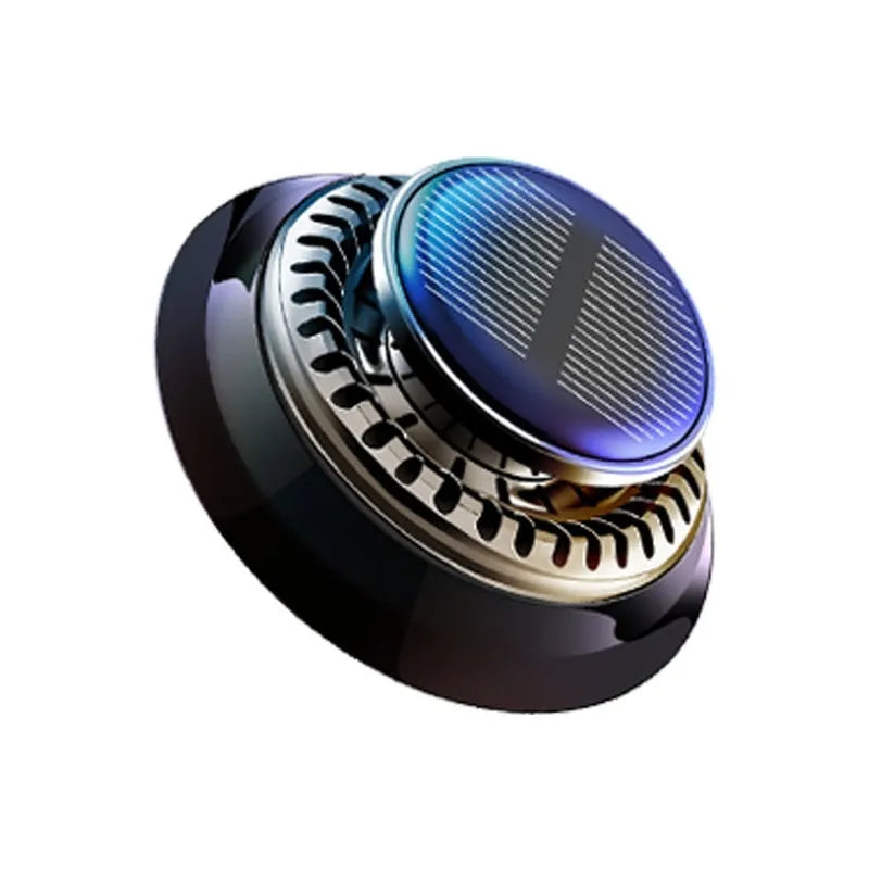 Solar powered kinetic car air freshener with rotating double rings on black plastic base
