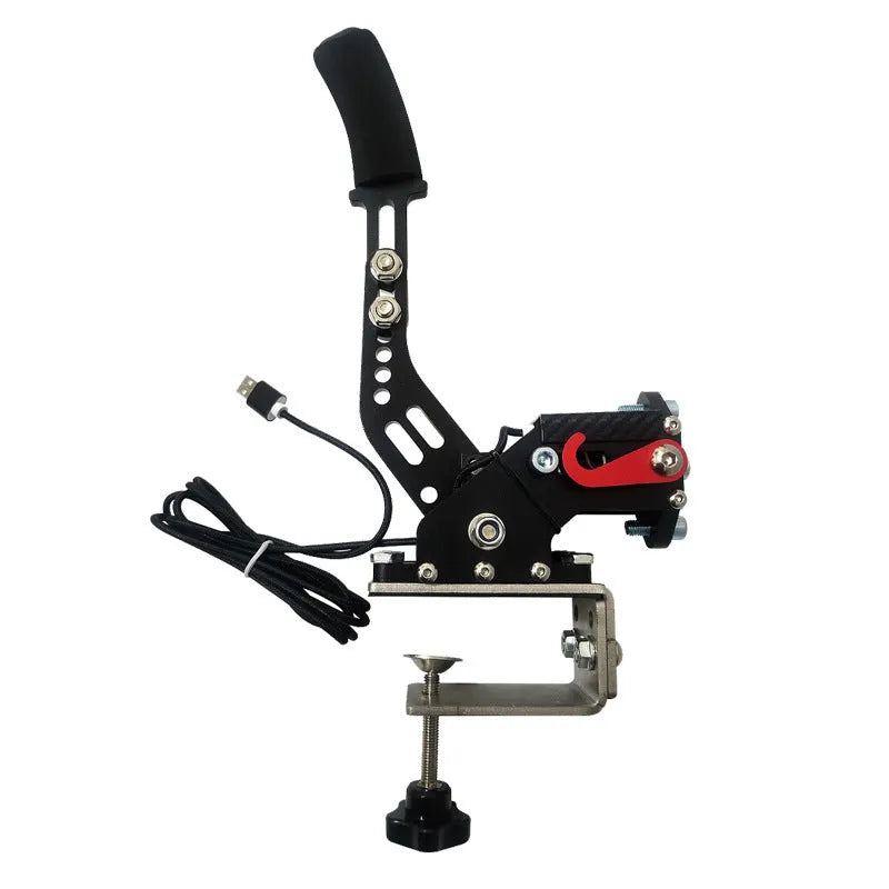 Black USB handbrake with aluminium bracket and clamp for PC racing simulators next to a racing wheel.