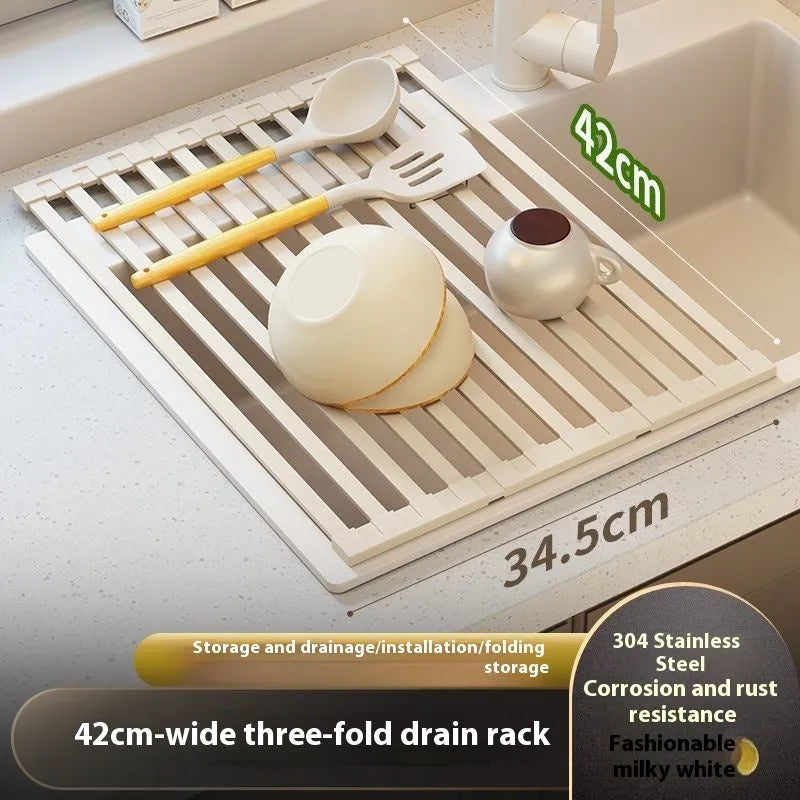 Foldable milky white stainless steel kitchen draining rack showing tri-fold design