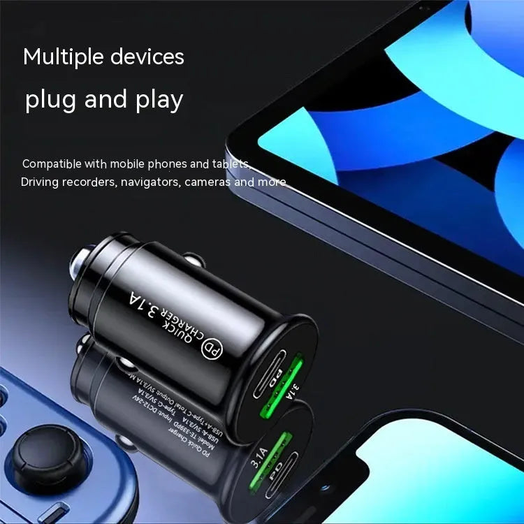 Black dual port car charger inserted in vehicle 12V socket with two USB cables connected