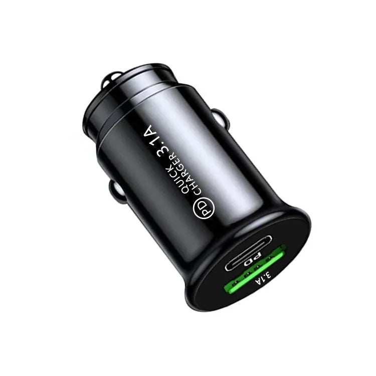 Black dual port car charger inserted in vehicle 12V socket with two USB cables connected
