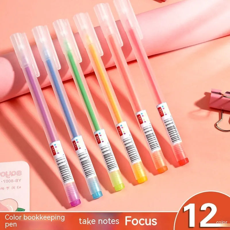 Set of twelve assorted colour gel pens with 0.5mm tips and plastic shells.