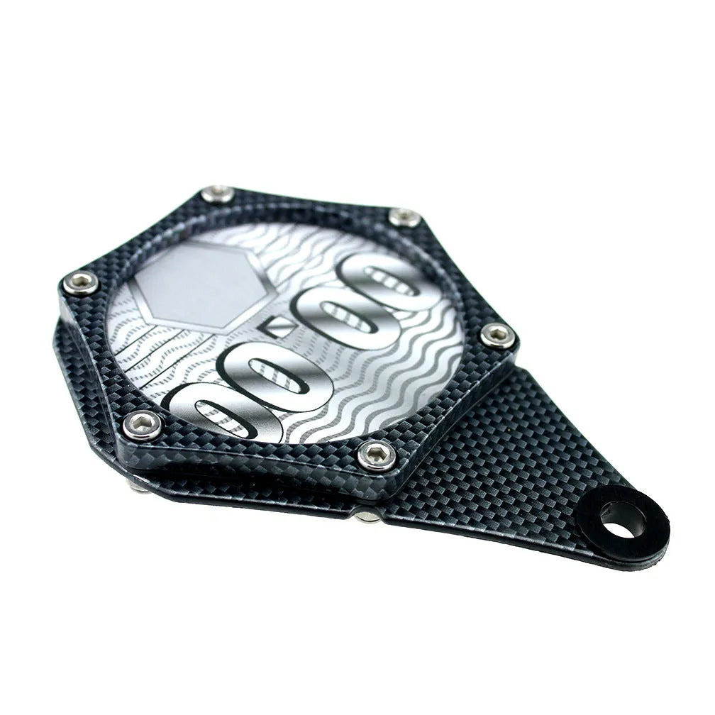 Black carbon fibre pattern motorcycle tax disc holder with anti-theft hex screw