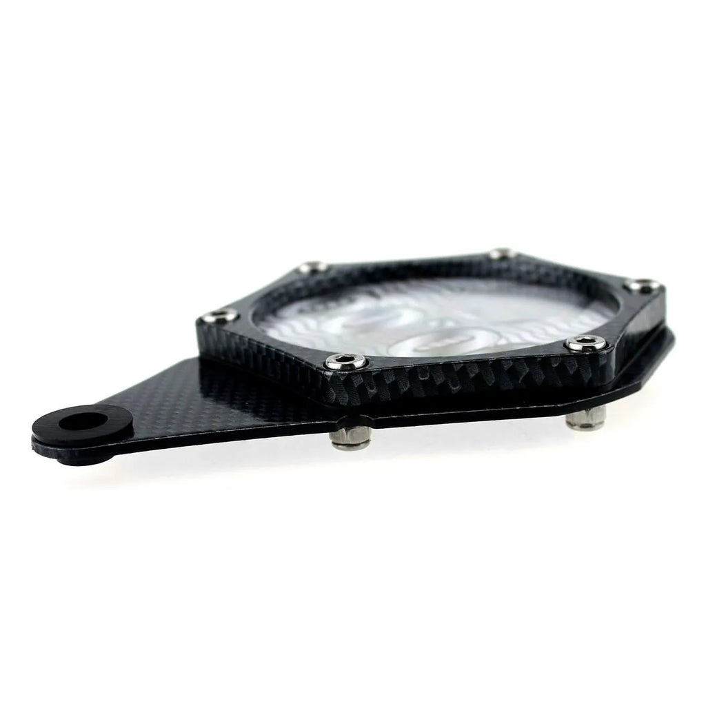 Black carbon fibre pattern motorcycle tax disc holder with anti-theft hex screw