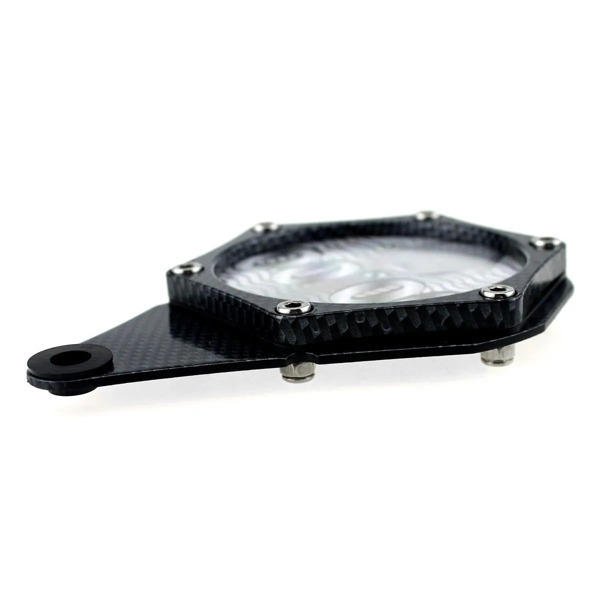 Black carbon fibre pattern motorcycle tax disc holder with anti-theft hex screw