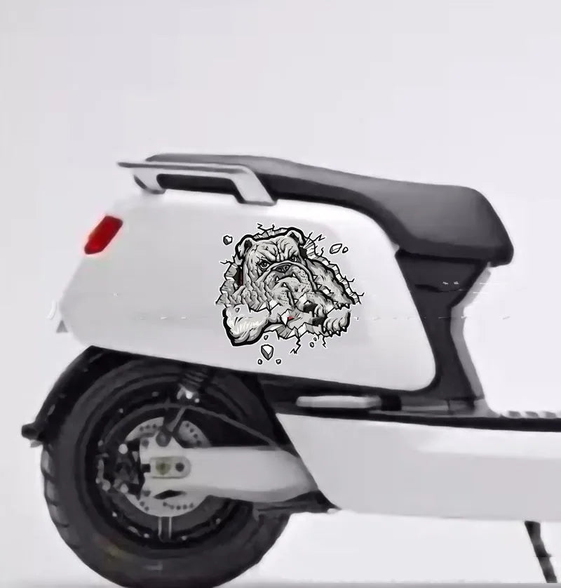 Grey dog pattern motorcycle decorative sticker measuring 17x17cm on a paper backing