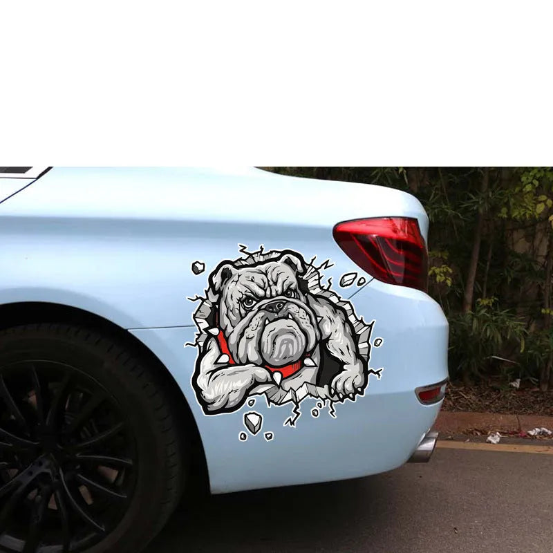 Grey dog pattern motorcycle decorative sticker measuring 17x17cm on a paper backing